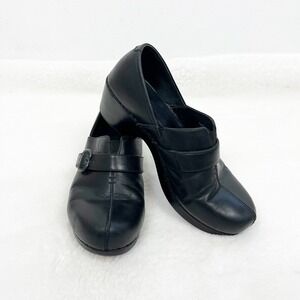 DANSKO Black Slip On Clog Size 39 (8) Leather Strap Buckle Capsule Wardrobe